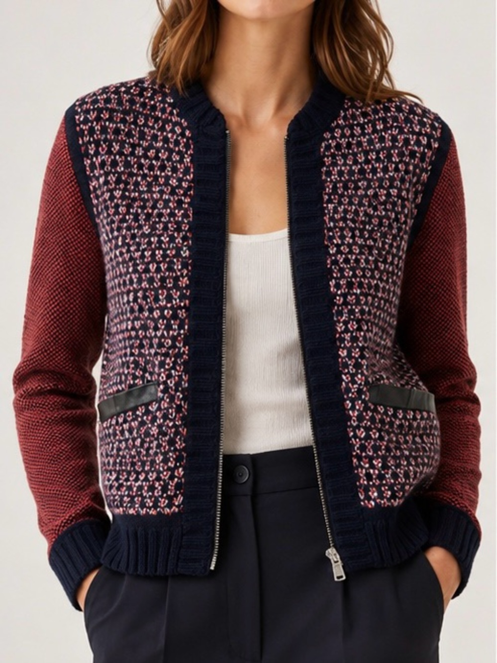 Club Monaco Mixed Knit Zip-Up